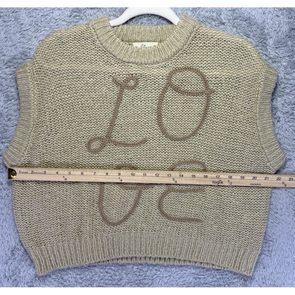 Elan Womens Small Love Short Sleeve Sweater‎ Beige Embroidered Cropped Boxy - Picture 6 of 9